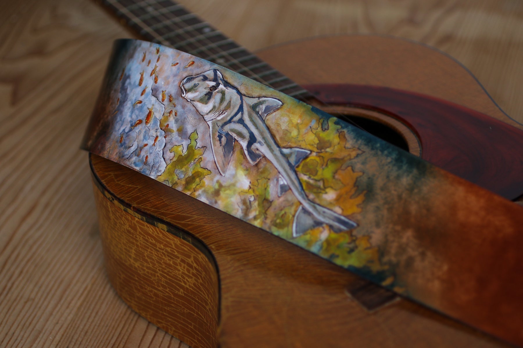 Custom Italian leather Port Jackson shark guitar strap