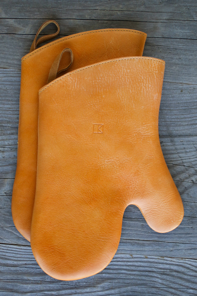 yellow leather oven mitts