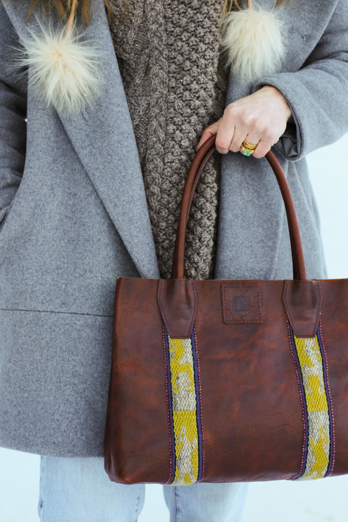 Peruvian textile bison leather tote