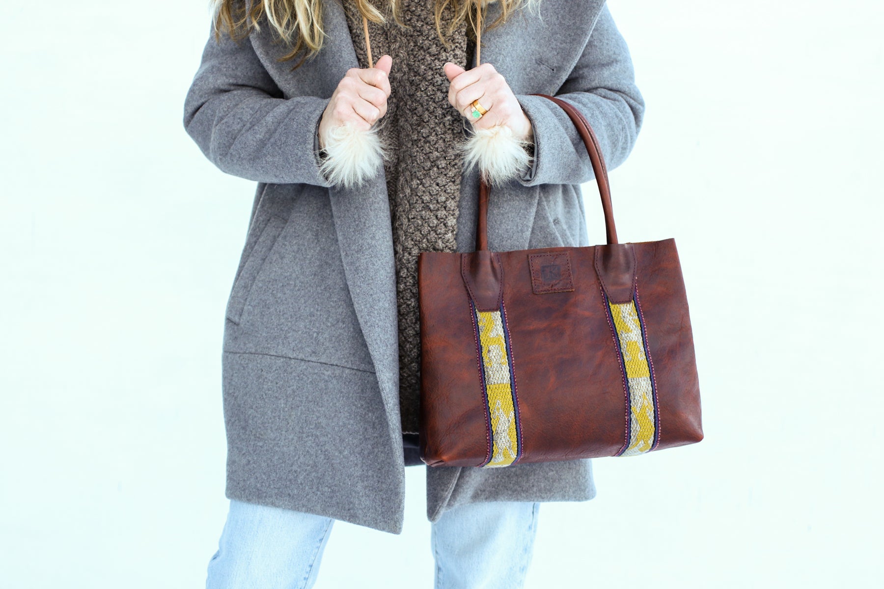 Peruvian textile bison leather tote