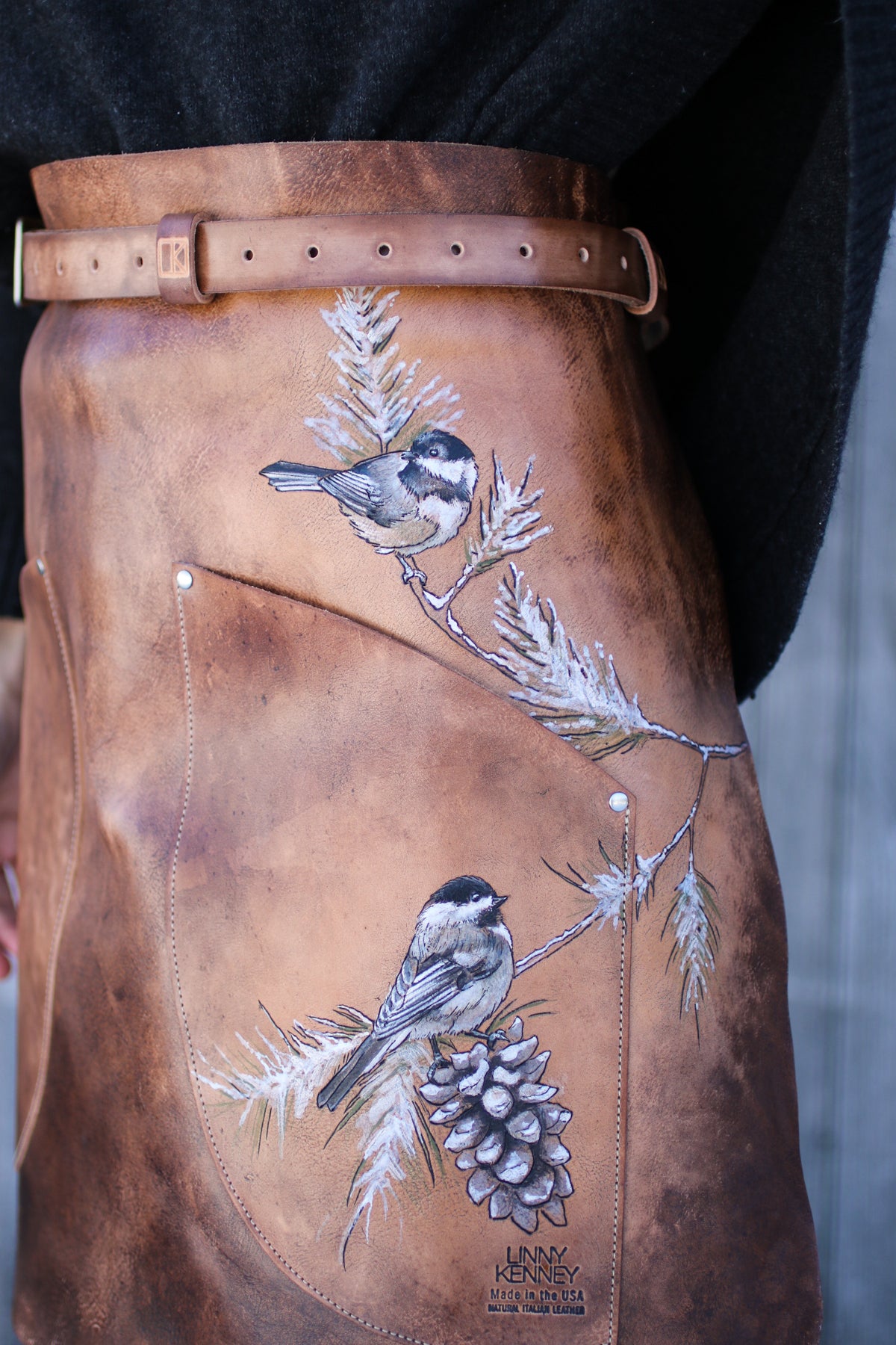 painted chickadee leather half apron