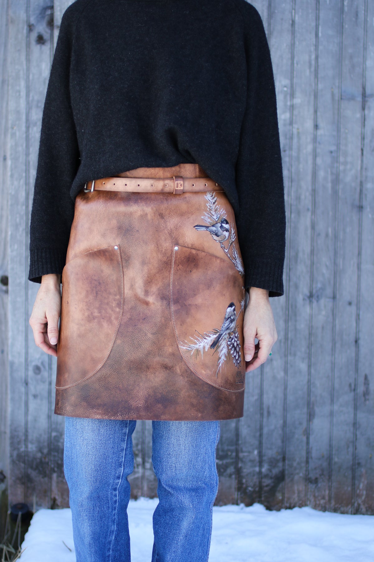 painted chickadee leather half apron