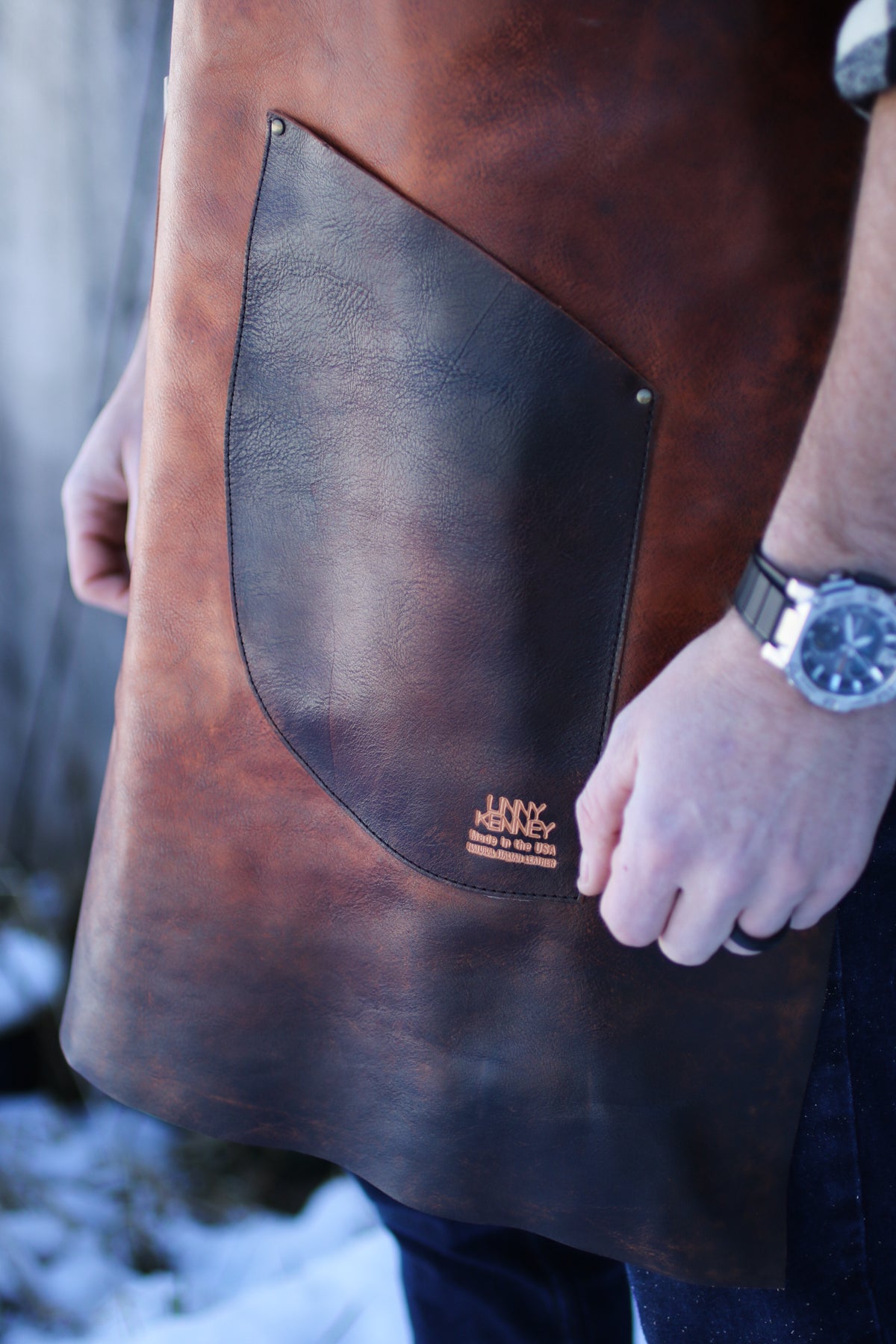 Dark old timber Italian leather apron