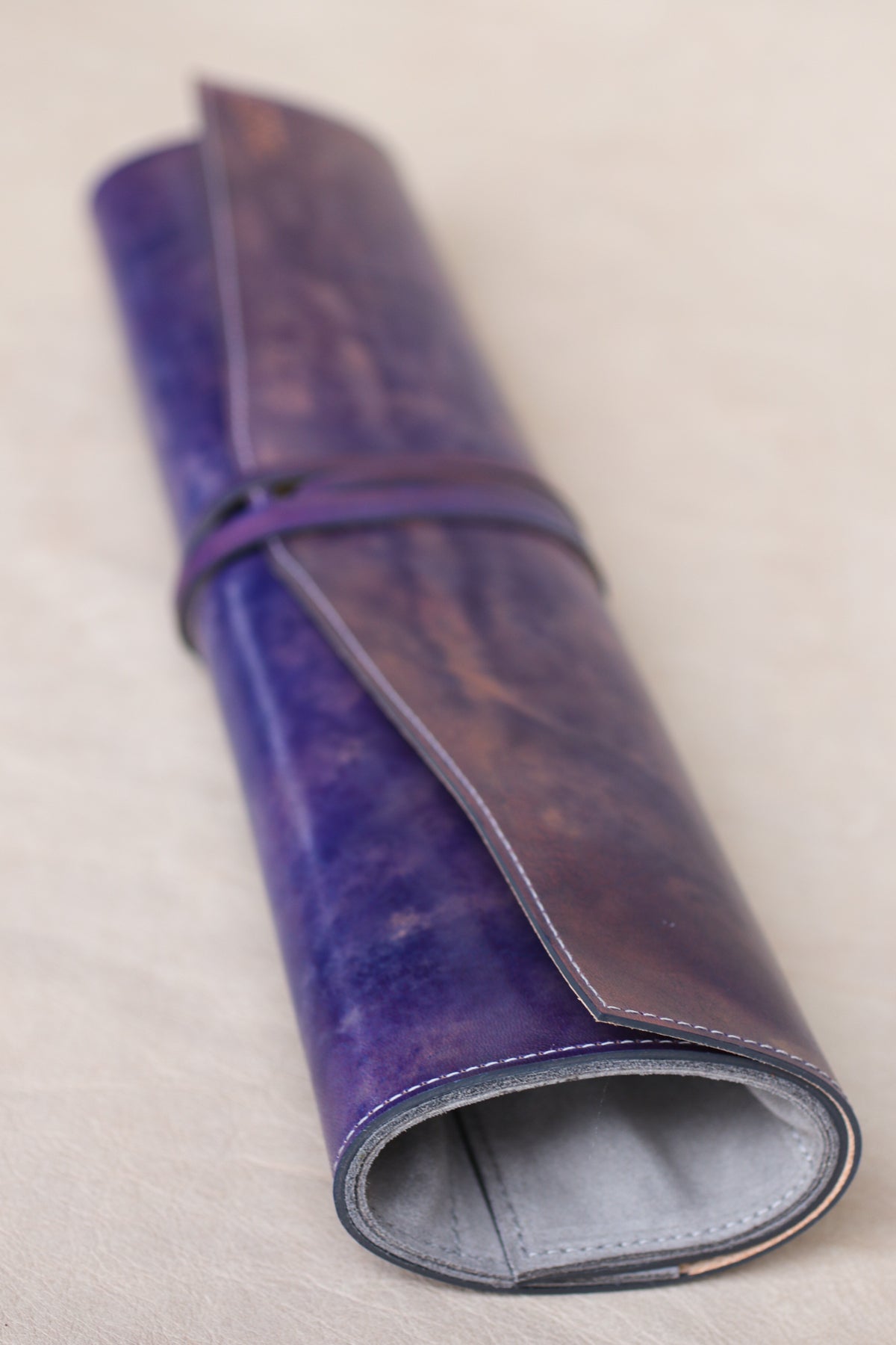 purple Italian leather knife roll